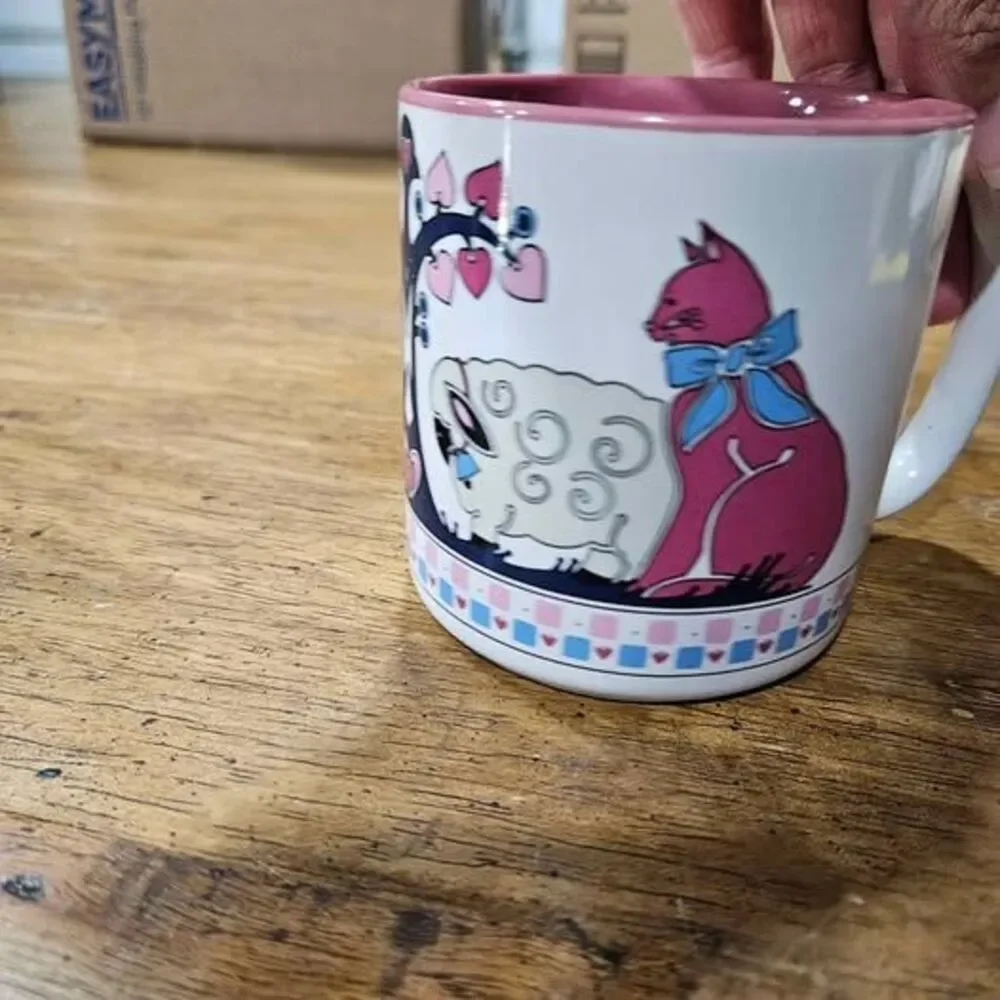 Vintage Folk Art Ceramic Mug with Rooster, Rabbit, Cat, and Sheep